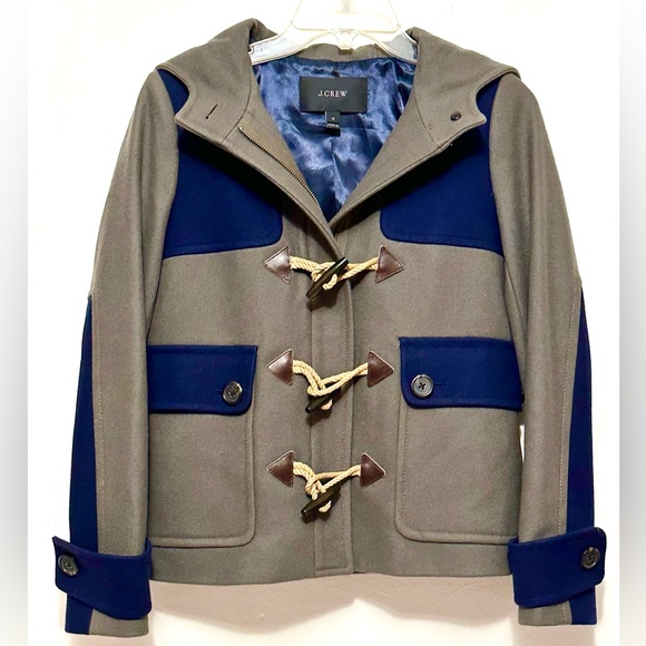 J Crew Duffel Coat Womens Green Blue Toggle Hooded Wool Blend 06287 Colorblock 0 - Picture 3 of 7